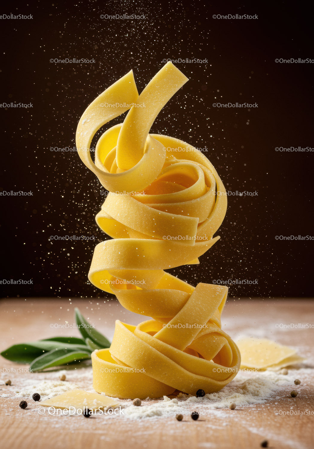 Zbliżenie świeżego makaronu fettuccine z mąką