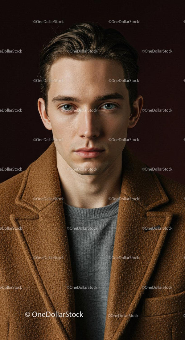 Elegancki młody mężczyzna w brązowym płaszczu i szarym swetrze - portret