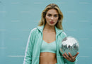 Young Woman in Mint Green Tracksuit Holding Disco Ball in Studio