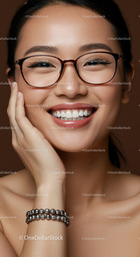 Smiling young woman with glasses and bracelet closeup