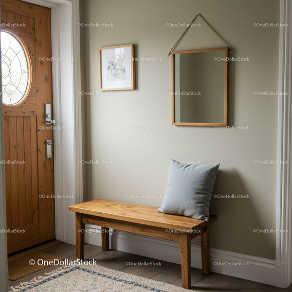 Cozy Entryway with Wooden Bench and Wall Art in Modern Minimalist Style