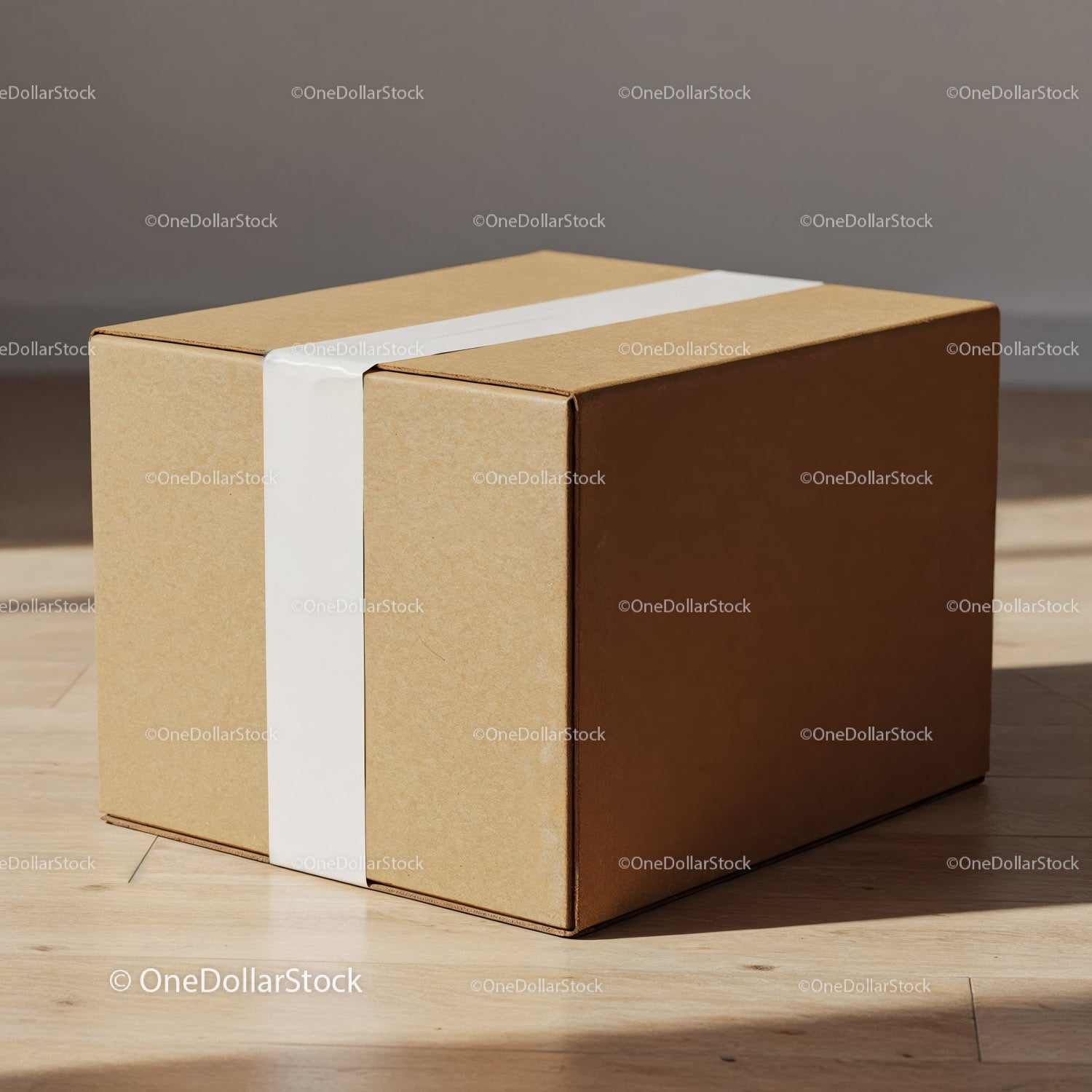 Closed cardboard box with white tape on wooden floor