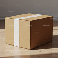 Closed cardboard box with white tape on wooden floor