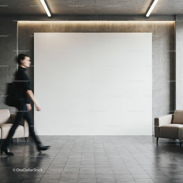 Blurred Woman Walking Past Modern Minimalist Lobby Wall JPG Mockup Image