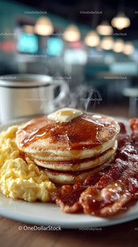 Stack of Fluffy Pancakes with Syrup and Bacon for Breakfast or Brunch