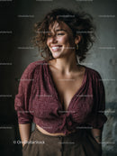 Joyful Woman with Curly Hair Wearing Casual Fashion