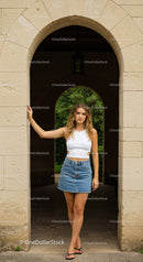 Casual Summer Look of Young Woman in Denim Skirt