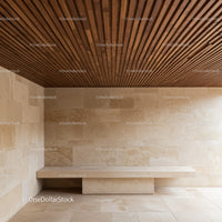Contemporary Interior with Wooden Ceiling and Beige Stone Walls