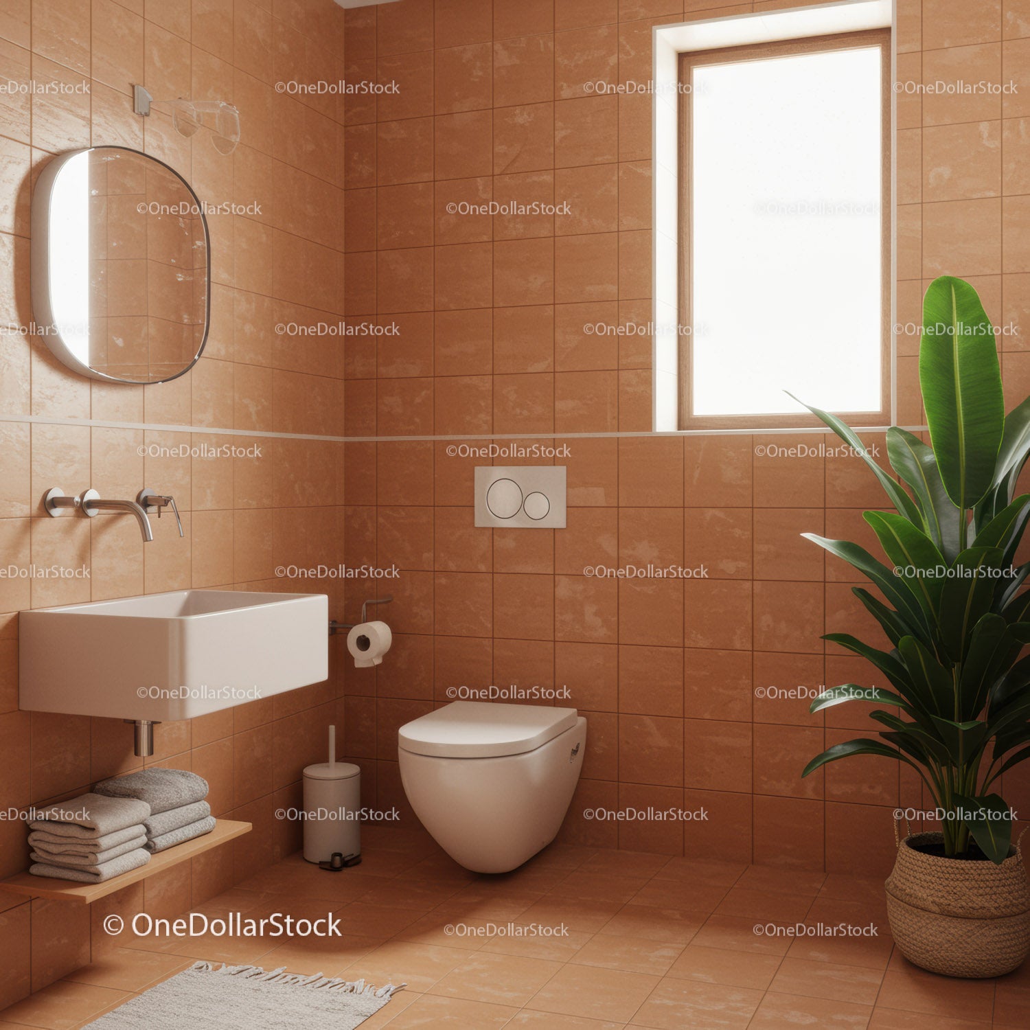 Contemporary Bathroom with Terracotta Tiles and Green Plant