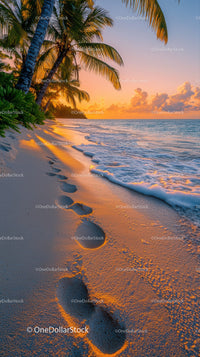 Tropical Beach Sunset with Palm Trees and Ocean Waves