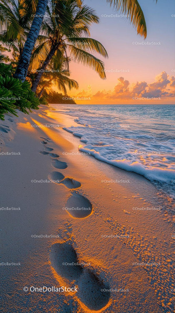 Tropical Beach Sunset with Palm Trees and Ocean Waves