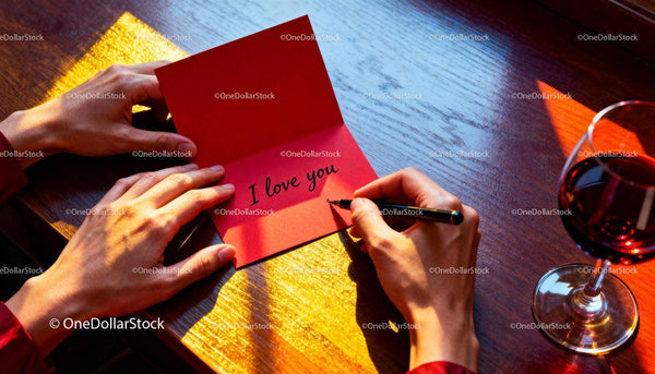Man Writing Romantic Love Message in Red Card