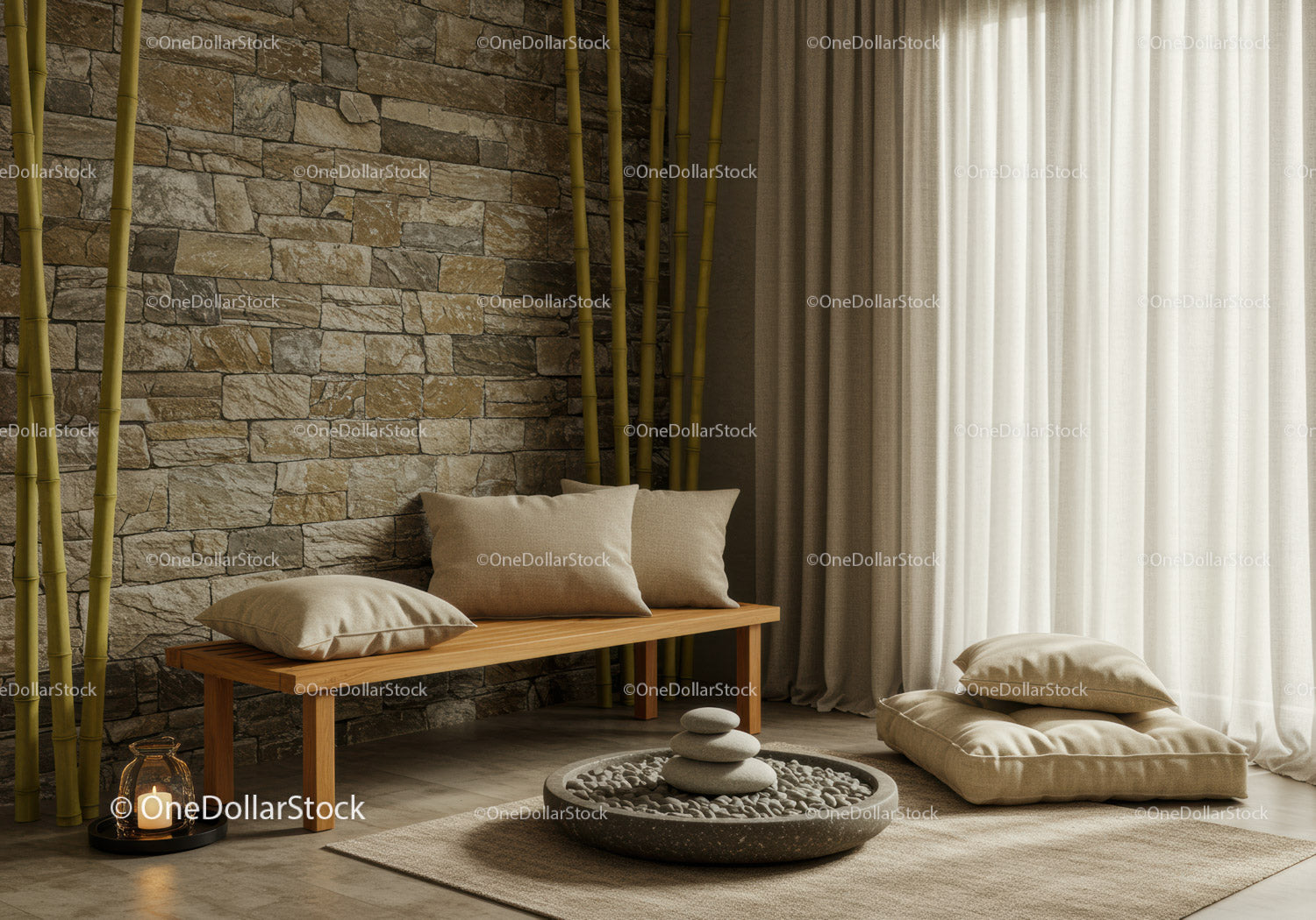 Minimalist Zen interior with bamboo and cushions