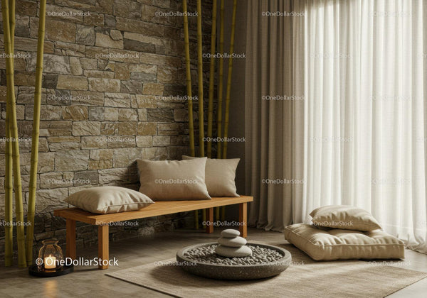 Minimalist Zen interior with bamboo and cushions