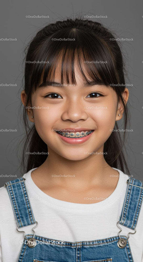 Smiling Girl with Braces in Denim Overalls Portrait
