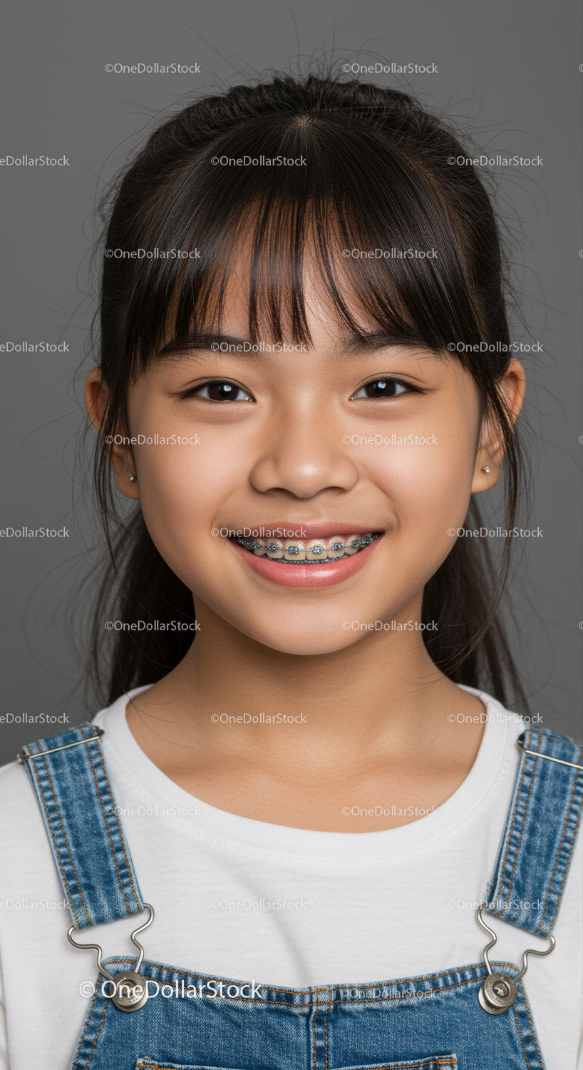 Smiling Girl with Braces in Denim Overalls Portrait