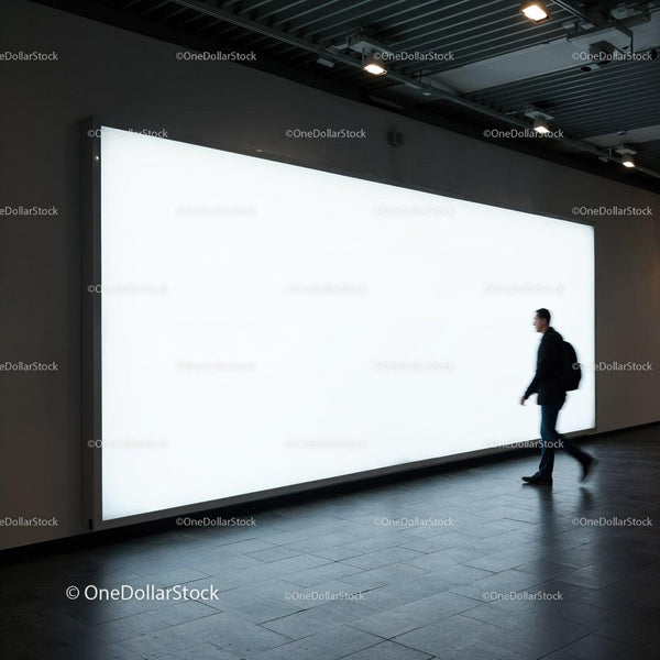 Man Walking Past Large Bright Urban Light Panel JPG Mockup Image