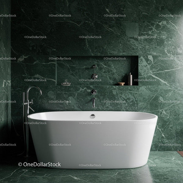Luxurious Green Marble Bathroom with Freestanding White Bathtub