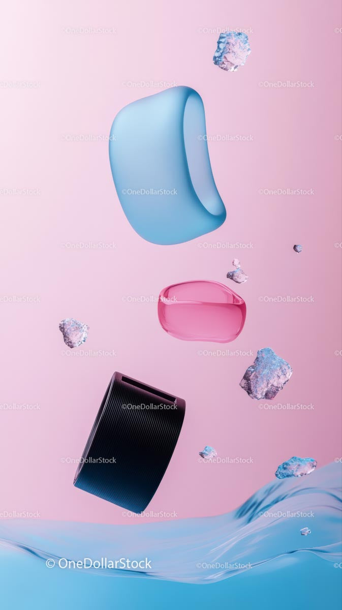 Floating Colorful Skincare Jars with Modern Packaging on Pink Background