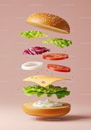 Floating Fresh Vegetable and Cheese Burger Ingredients