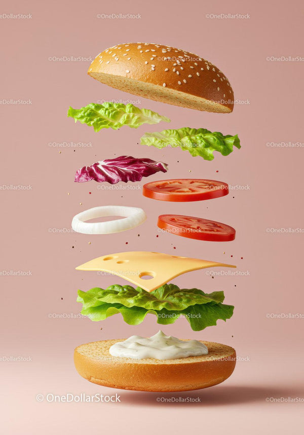 Floating Fresh Vegetable and Cheese Burger Ingredients