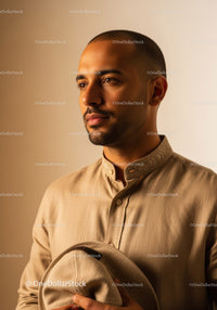 Stylish Man in Beige Shirt Holding Hat in Warm Lighting
