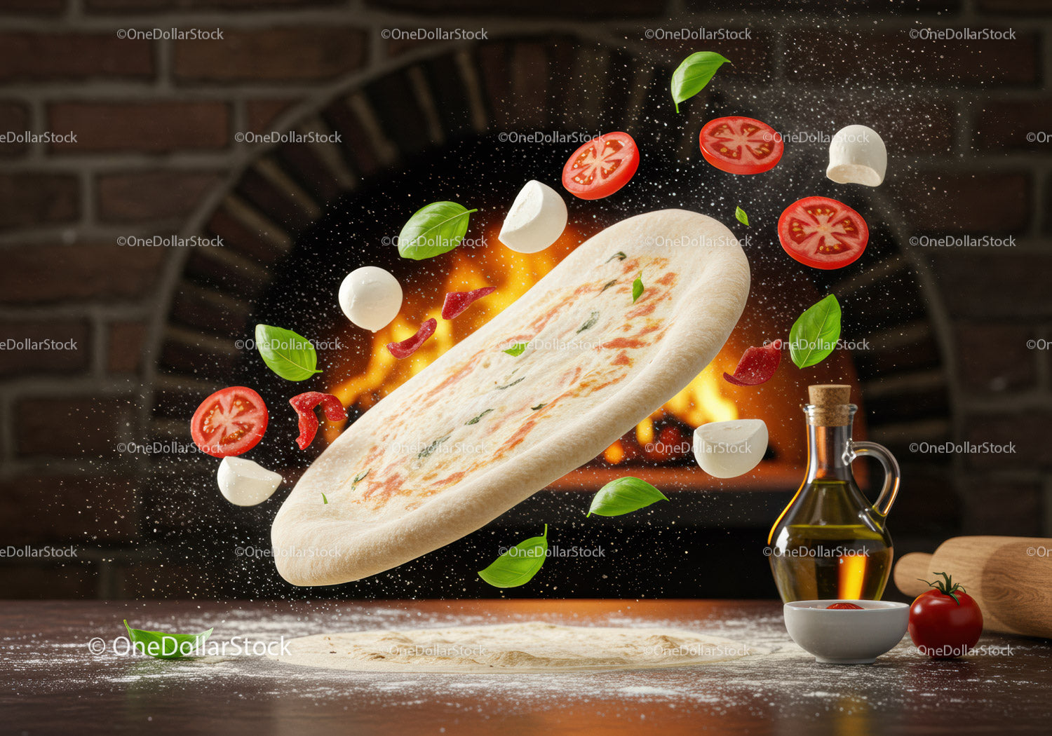 Fresh pizza dough with toppings flying near oven fire