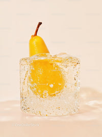 Fresh Yellow Pear Frozen Inside Transparent Ice Cube