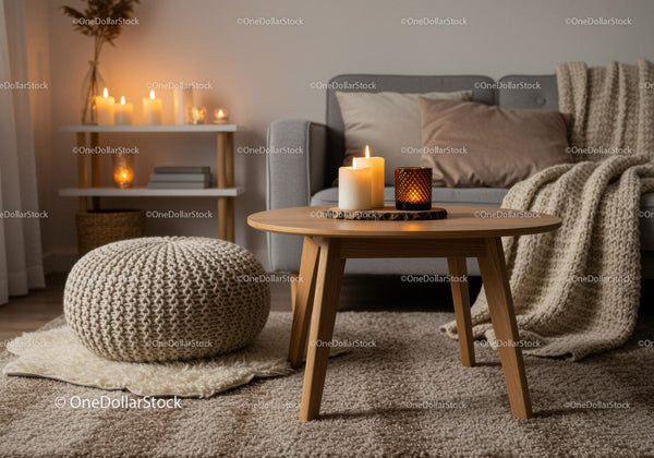 Cozy living room with candles and knitted decor