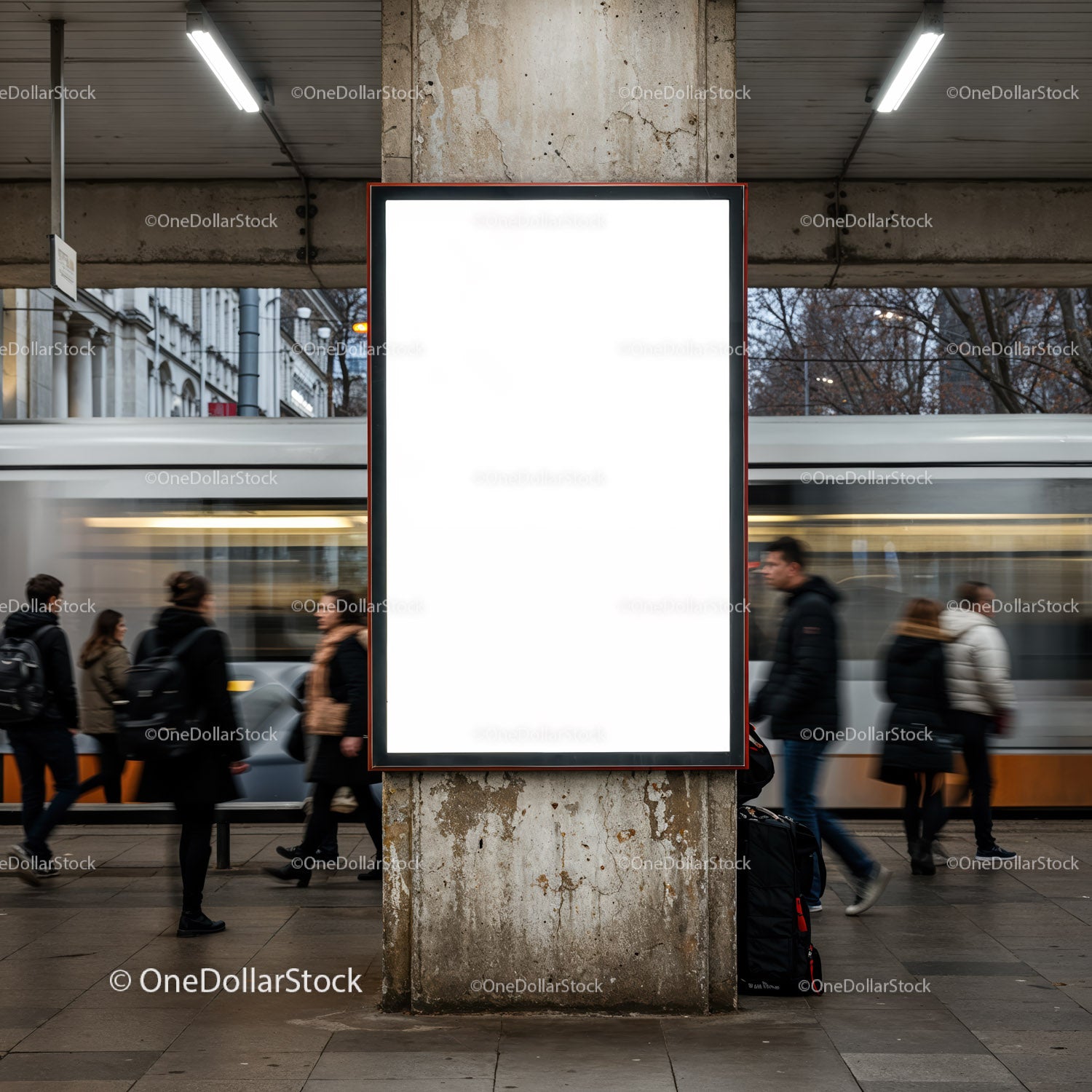 Urban Commuters Passing Blank Advertising Poster at Station