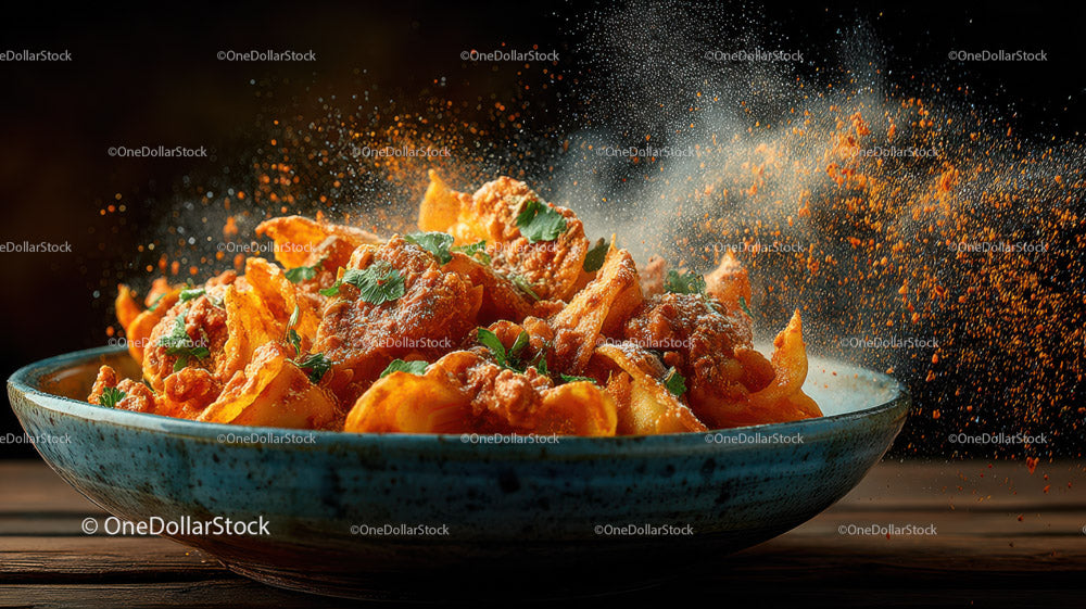 Spicy Crispy Fries with Seasoning Exploding in a Rustic Blue Bowl