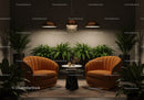 Cozy lounge with orange armchairs and indoor plants