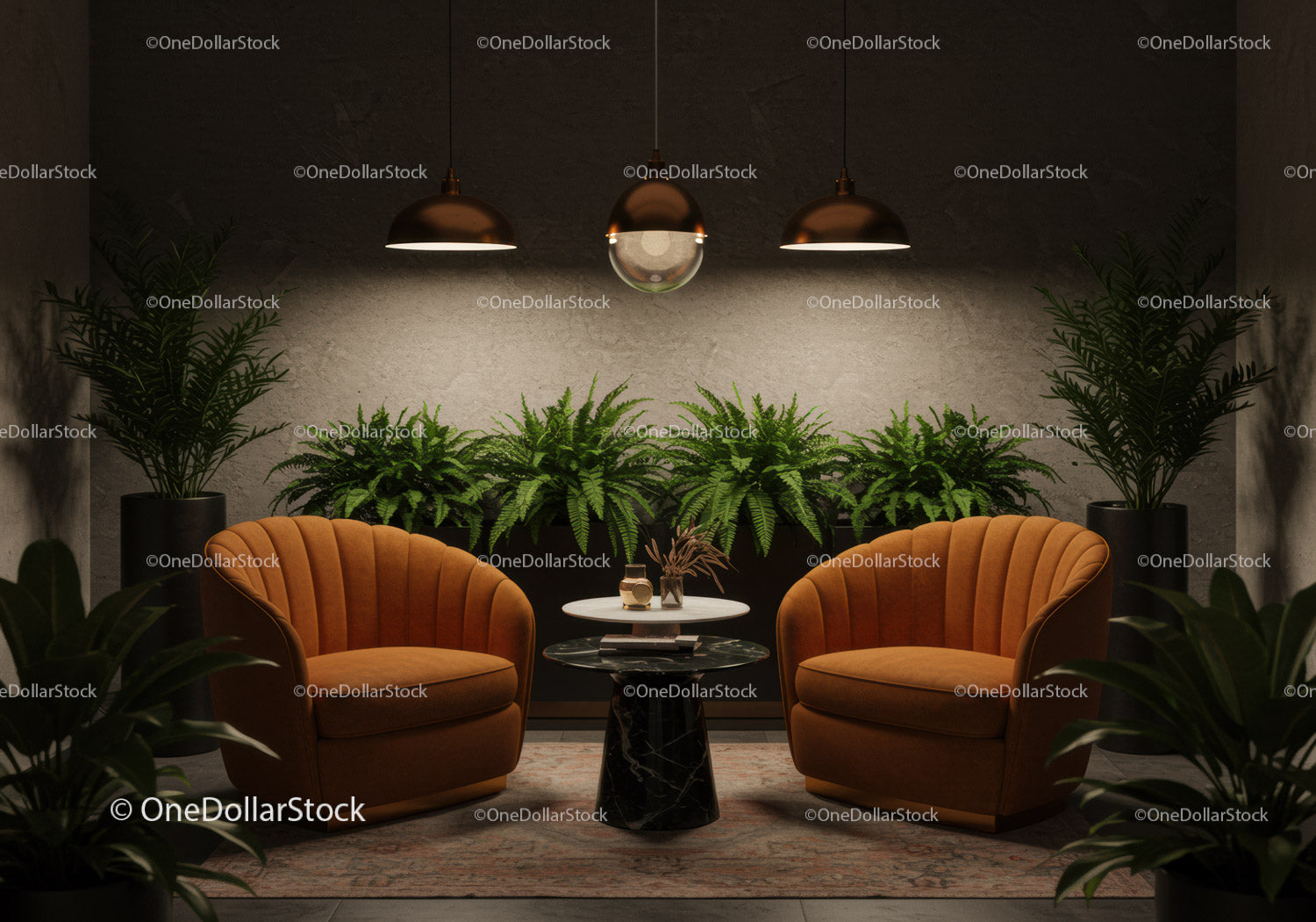 Przytulny salon z pomarańczowymi fotelami i roślinami doniczkowymi