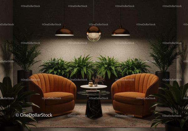 Cozy lounge with orange armchairs and indoor plants