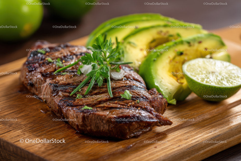 Juicy Grilled Steak with Fresh Avocado Slices and Lime Wedge