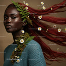 Elegant Portrait of a Woman with Flowing Red Hair and Botanical Accessories