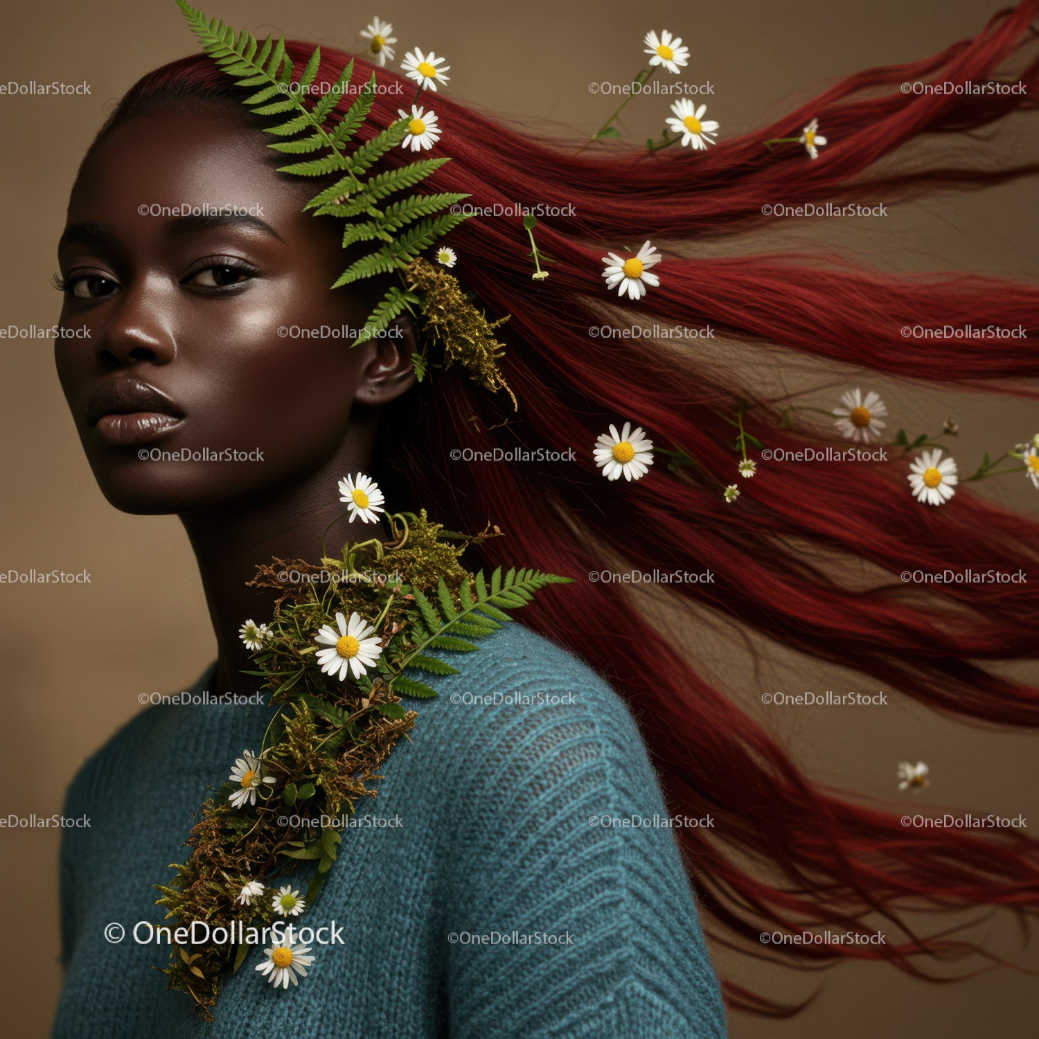 Elegant Portrait of a Woman with Flowing Red Hair and Botanical Accessories