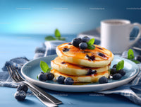 Stack of Blueberry Pancakes with Syrup and Mint Leaves