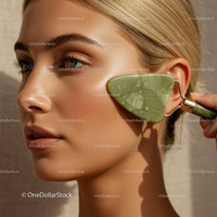 Close-Up of Woman Using Jade Roller for Facial Skincare and Rejuvenation