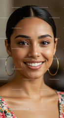 Portrait of a Smiling Young Woman with Hoop Earrings and Natural Beauty