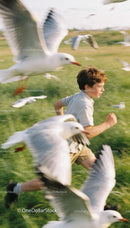 Young boy joyfully running through birds in open field