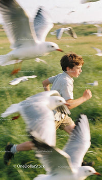 Young boy joyfully running through birds in open field