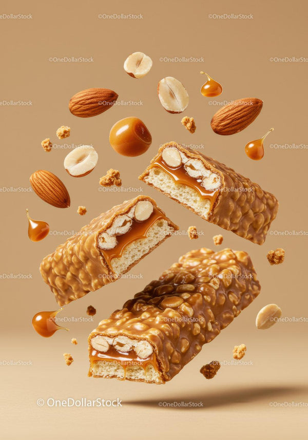 Caramel Nut and Crispy Granola Energy Bars Closeup