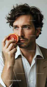 Stylish Man Holding Grapefruit Slice with Thoughtful Expression