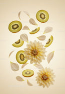 Yellow dahlia flowers with fresh kiwi slices and petals