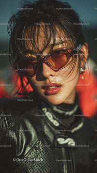 Confident Female Rider in Sunglasses with Motorcycle Gear