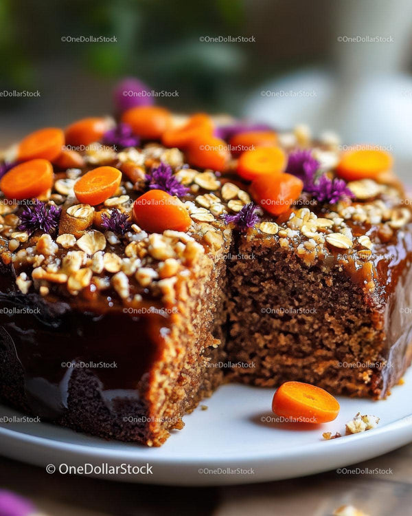 Chocolate Cake with Caramel Glaze and Orange Carrot Slices Stock Photo Bundle (32 JPG Files)