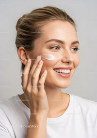 Happy Woman Applying Moisturizer for Glowing Skin in Beauty Routine