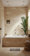Elegant Beige Bathroom with Green Plant and Modern Fixtures