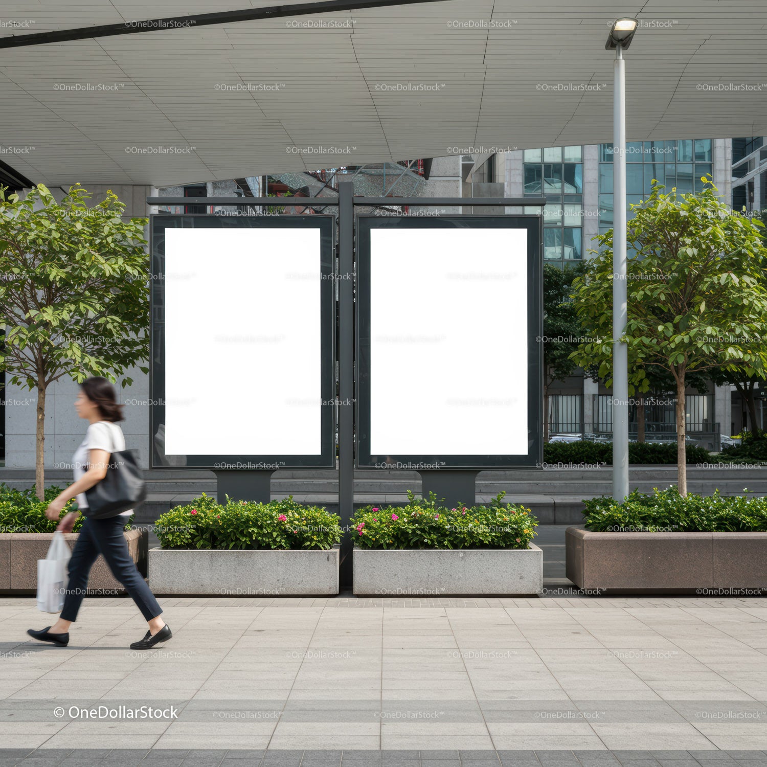 Woman walking past blank urban advertising billboards